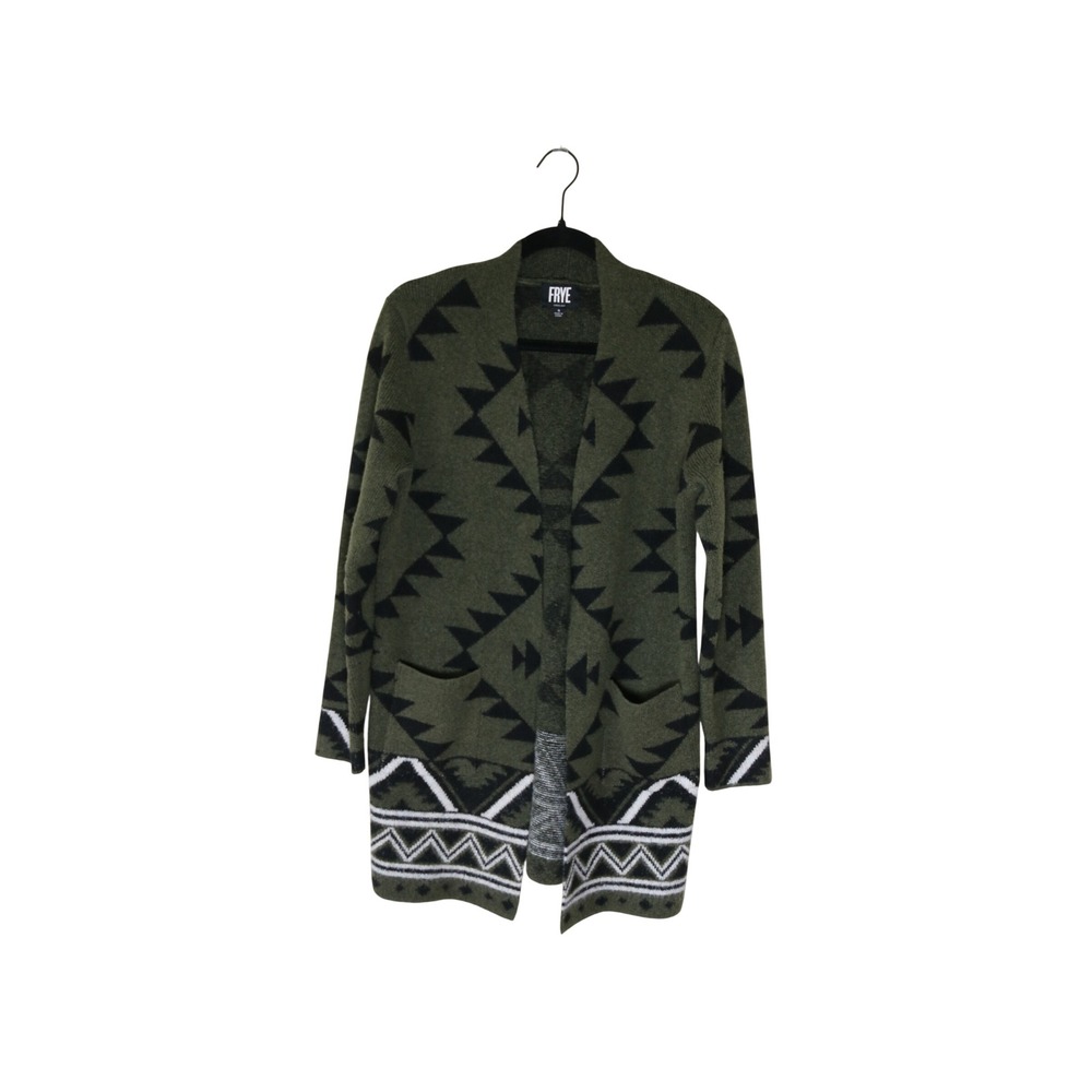Frye Womens Small Olive Green Southwestern Geometric Open Front Cardigan Sweater